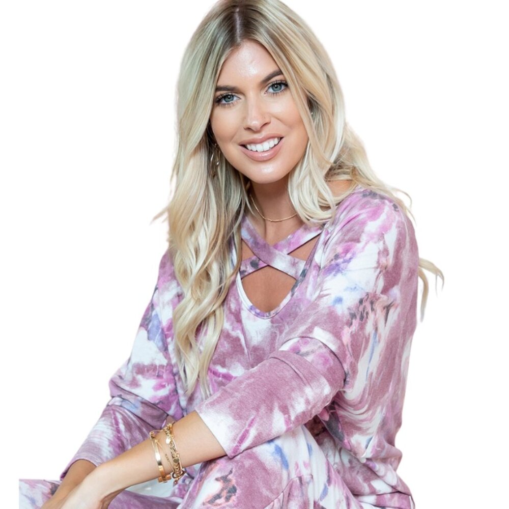 ❤️5/$25 Sweet Lovely By Jen Maroon Tie-Dye Crisscross Neck Top - Picture 4 of 4